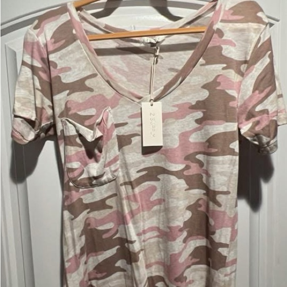 Z Supply Pink and Brown Camo Short Sleeve Tee